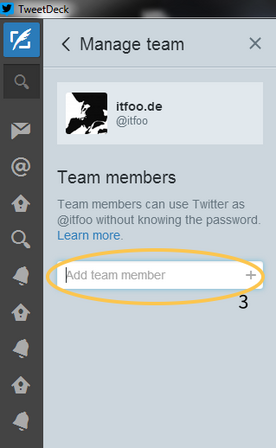 TweetDeck Teams - Account hinzufügen, Recht teilen