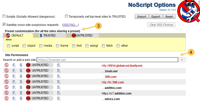 NoScript - Einstellungen von Default, Trusted und Untrusted