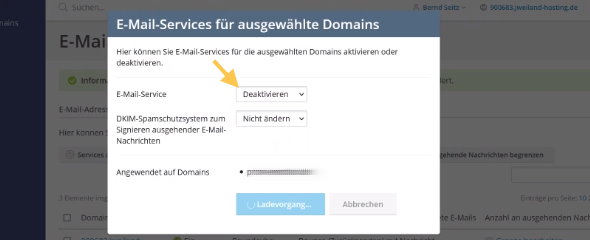 Plesk: Dialog zum Abschalten des Mailservice