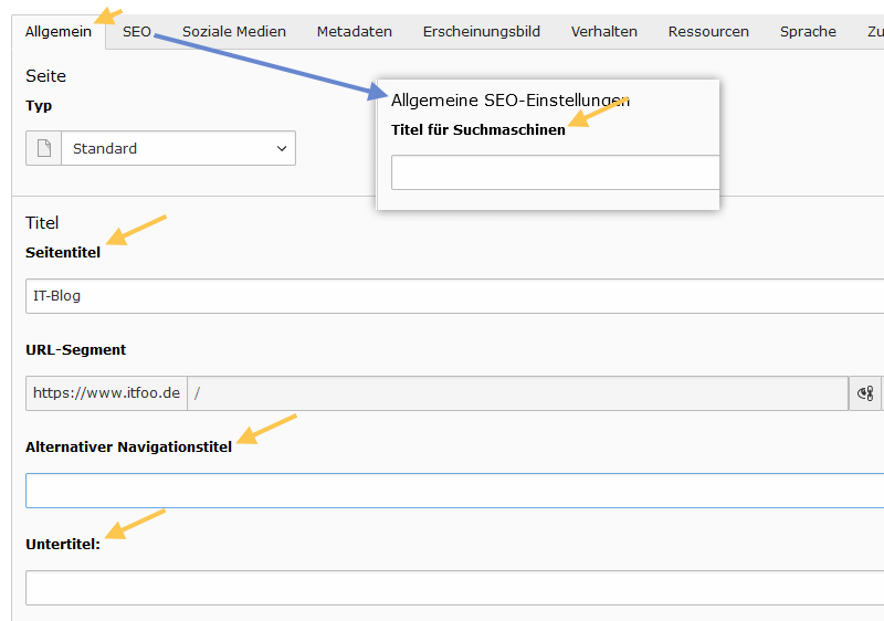TYPO3: Seitentitel, alternativer Navigationstitel, Titel für Suchmaschinen