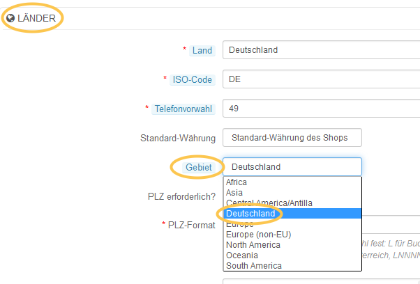 PrestaShop: Land dem gleichnamigen Gebiet zuordnen